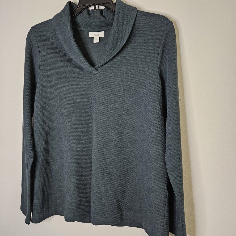 Pure Jill Long Sleeve Textured Cotton V-neck Top Collared Dusty Teal Color Sz S